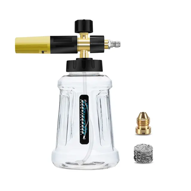 Lanza de Espuma de Nieve Compatible con Pistola Hidrolimpiadora de 1/4 de Conexión Rápida, Dispensador de Jabón Ajustable de 1L con Boquilla Pulverizadora de Nueva Generación (Negro y Amarillo)