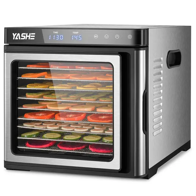 Desidratador de Alimentos de Acero Inoxidable, Control de Temperatura (35-75°C), Temporizador de 48 Horas, 9 Bandejas de Acero Inoxidable, 2 Tamices de Malla, 1 Bandeja para Rollos de Frutas, 1000W