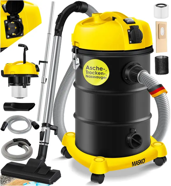 Masko® 6IN1 Aspirador Industrial en seco y húmedo de Cenizas 2300W + Toma de Corriente Función de soplado en seco y húmedo | sin Bolsa (Gelb)