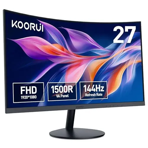 KOORUI Monitor Curvo - 27 Pulgadas Full HD (1920x1080 a 144 Hz, 5ms, VA 3000:1, Curvatura 1500R, HDMI, VGA, Antirreflejo, Eye Ease, Inclinación)