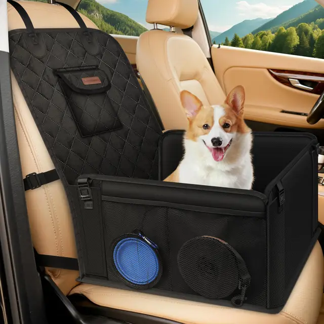 Asiento Coche Perro, Funda Protector Delantero Homologado con Pared Reforzada y Cinturón Seguridad, Cubierta Extra Estable Plegable Impermeable, para Perros Pequeño Mediano Negro