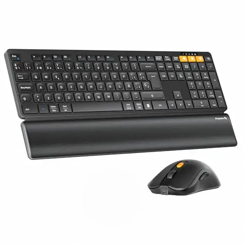 ProtoArc Teclado y Ratón Inalámbrico Bluetooth, KM60 Teclado de tamaño Completo con Reposamuñecas, Recargable, 2,4 GHz + 2*Bluetooth, para Ordenador Portátil, PC, Mac y Windows, QWERTY Español, Negro