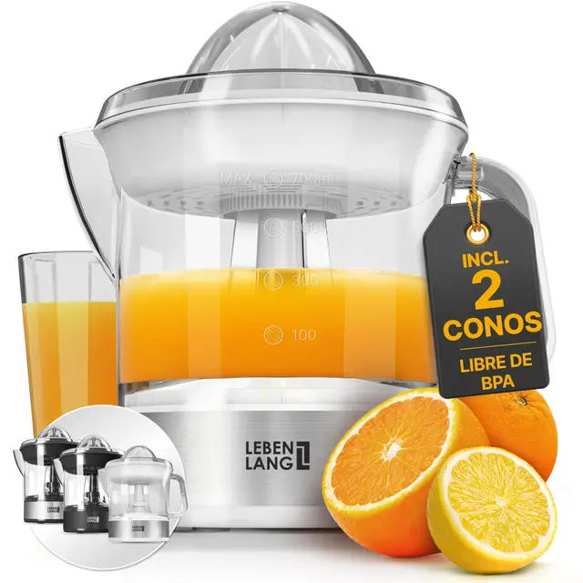 LEBENLANG Exprimidor de naranjas electrico - 2 conos & sin BPA I Alto rendimiento de zumo I 700 ml esprimidores citrinos eléctrico I Orange juicer machine Esprimidoras zumos pequeño