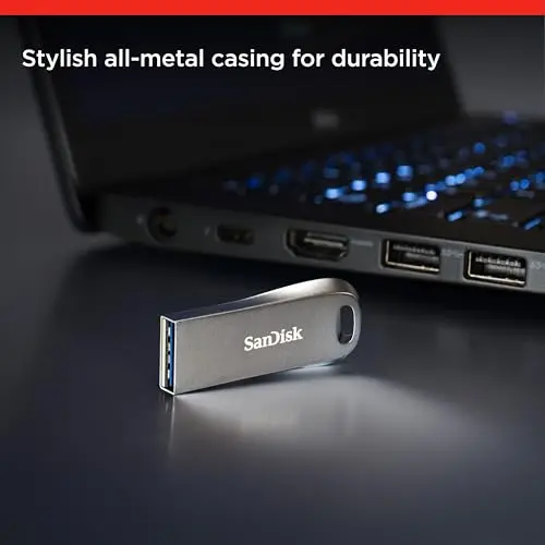 SANDISK Ultra Luxe Pendrive, USB Type-A, 128 GB (Unidad Flash, Velocidad de lectura hasta 400 MB/s, USB 3.2 Gen 1 + USB 3.0 compatible, Protección con Contraseña, RescuePRO Deluxe, Metálico) Plata