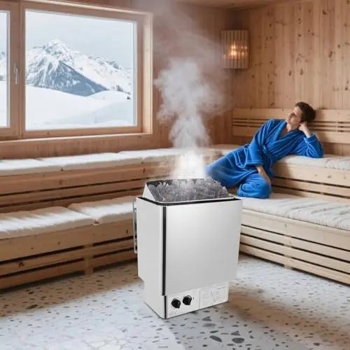 Estufa de sauna eléctrica de 9 kW de acero inoxidable con control integrado y protección contra sobrecalentamiento, 9 m³, para saunas/hoteles/spa, ducha, montaje en pared o de pie, hasta 110 °C
