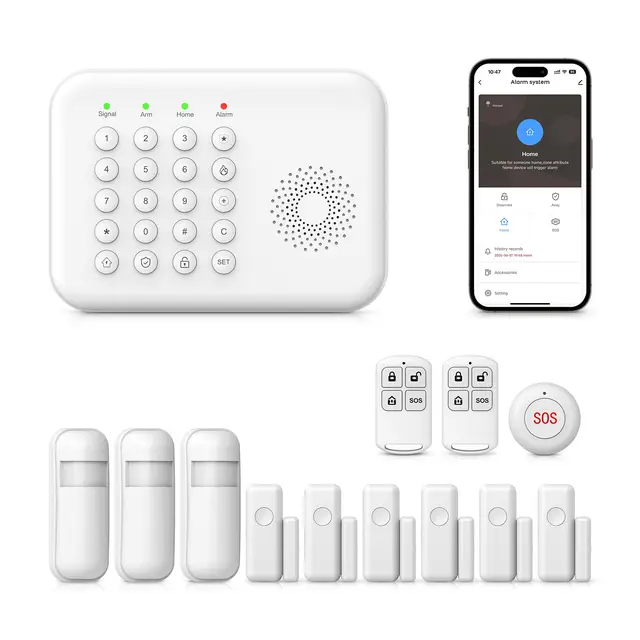 4G + WiFi Alarma para Casa, 13 Piezas, Sistema de Alarma para Casa, Antirrobo Inalámbrico con Sensores para Puertas y Ventanas, Detectores de Movimiento, Controles Remotos, Compatible con Alexa