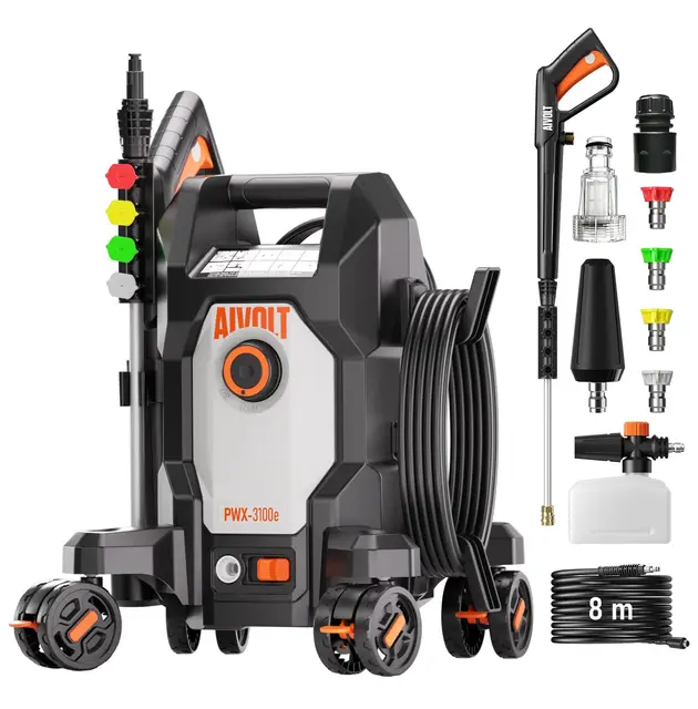 AIVOLT Hidrolimpiadora de Alta Presión 1800W con 5 Boquillas de Modos Diferentes y Manguera de 7,6 Metros, Caudal Máx 360 L/H, 170 Bares para Hogar, Suelos de Jardín, Cristales y Coche ect.