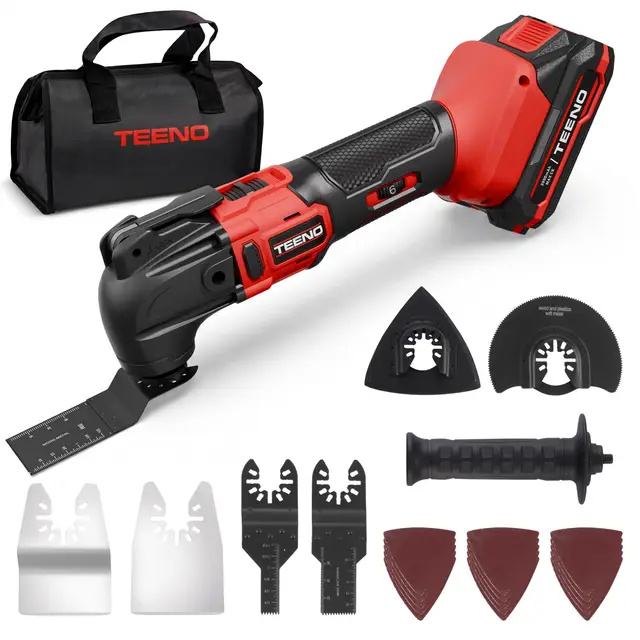 TEENO Herramienta multifunción inalámbrica oscilante 20V, sin escobillas herramienta multifunción inalámbrica con 6 velocidades variables, 8500-21000 rpm, cargador, ángulo oscilante 4°, para raspar