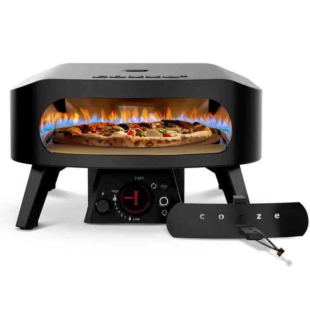 Cozze - Horno de pizza de gas edición negra con piedra rotativa Ø 34,5 cm - 600 °C, pizza en 2 minutos