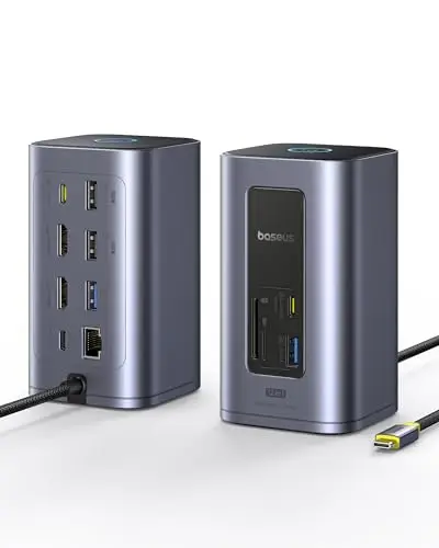 Baseus Nomos Air 12 in 1 Docking Station, Estación de Acoplamiento 2 Monitores para Windows, con 4K HDMI, 10Gbps USB-A/C, SD/TF, 100W PD, Ethernet, Compatible con portátiles HP/Lenovo/DELL/Acer