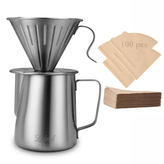 Lalord Cafetera de vertido, Juego de cafetera de vertido, acero inoxidable 304 con 100 filtros de papel #2 y jarra de espuma de leche de 600 ml, para el hogar y campamento