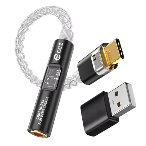 EZ EAR CCZ CM01 Adaptador de Auriculares USB C a Conector DAC de 3,5 mm MAX97220 Amp Conexant CX31993, convertidor de Audio de Alta resolución de 24 bits/384 kHz con Cable Chapado en Plata