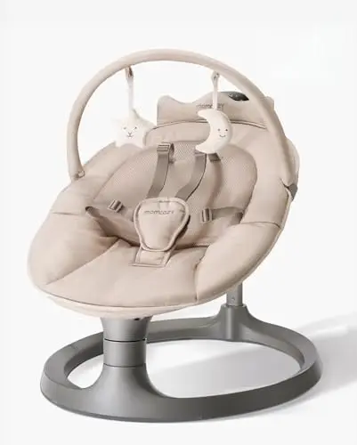 Momcozy 2 en 1 Hamaca Bebe Electrica, con Soporte de Doble Brazo, 4 Modos y 4 Velocidades de Balanceo, Mecedora Bebe Electrica Convertible en Asiento Fijo de hasta 30kg, 2 Posiciones de Reclinación