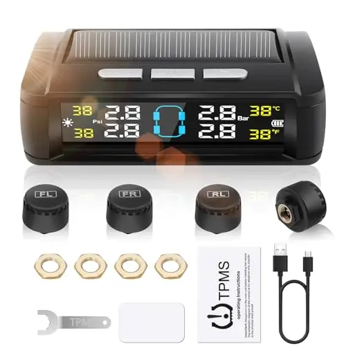 Geloo TPMS Sistema de Control de Presión de Neumáticos Solar con 4 Monitor Presion Neumaticos Impermeables IPX7, 0-5 Bar/0-87Psi 6 Funciones de Alarma para RV, Camión, Furgoneta, SUV