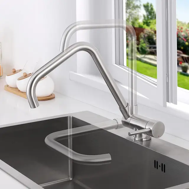 Lonheo Grifo Cocina Abatible, Grifo de Fregadero Plegable Giratorio 360°, grifo cocina bajo ventana de Acero Inoxidable 304, Mezclador Fregadero Agua Fría y Caliente para Cocina