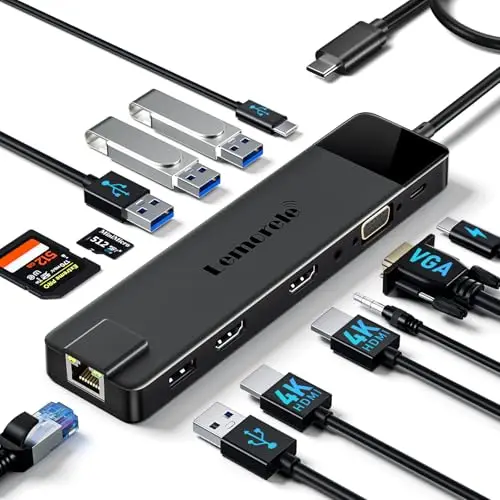 Lemorele Docking Station USB C Triple Display -13 en 1, Hub USB C con Dual HDMI 4K, VGA, Ethernet, Audio, 4 USB 3.0/2.0, USB-C 3.0, PD 100W, SD/TF, Dock Station a MacBook/Windows