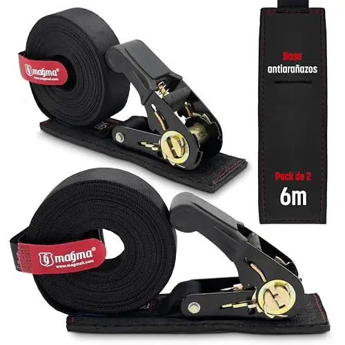MAGMA Pack 2 Cinchas De Amarre Trinquete con Protección Antirrayones 6M, Tensor de Carraca, Correa de Amarre Camión Coche Moto Remolque, Eslingas de Amarre, Trinchas de Sujecion