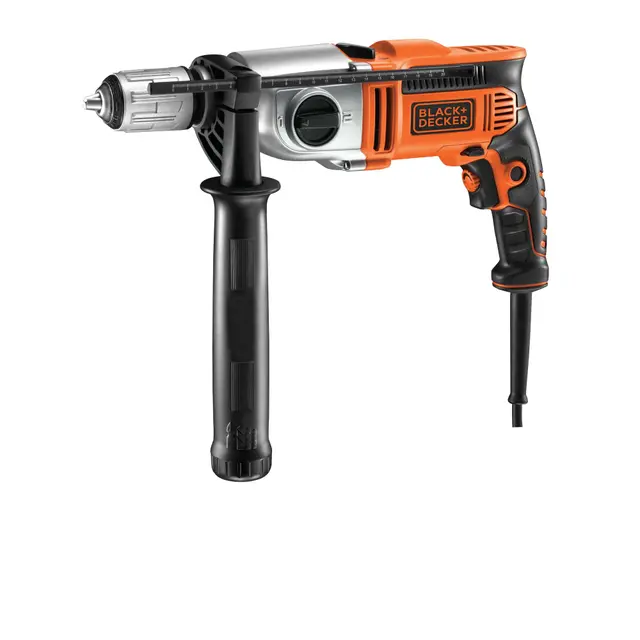 BLACK+DECKER Taladro percutor 1100W, 2 velocidades mecánicas, acción de percusión, sistema reversible, tope de profundidad, empuñadura antideslizante, incluye maletín y accesorios, KR1102K-QS