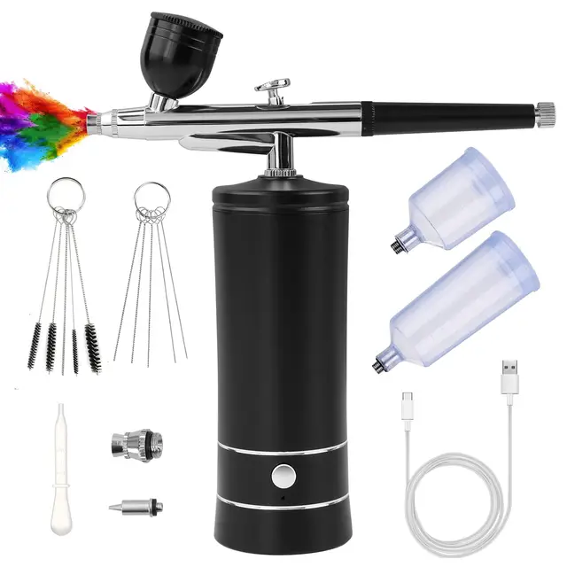 Kit de Aerógrafo con Compresor, Pistola de Cepillo de Aire Recargable Portátil de Alta Presión Cepillos de Aire con Boquilla de 0,3mm para Pintura, Uñas, Maquillaje, Arte (Negro)