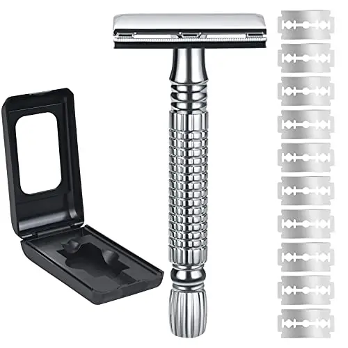 URAQT Maquinilla de Afeitar Clásica, Set de Afeitado con 10 Cuchillas de Recambio, Afeitadora de Seguridad Manual con Espejo Integrado, Tradicional, Zinc, para Mujeres y Hombres, Plateado