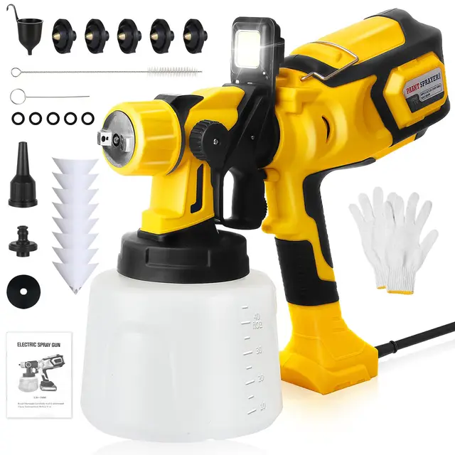 Pistola de Pintura HVLP 850W, Pistola de Pintura Eléctrica con Tanque de 1400ml, 5 Boquillas de Latón, Luz LED, Flujo Ajustable y Ángulo de Pulverización para Pintar Paredes y Techos