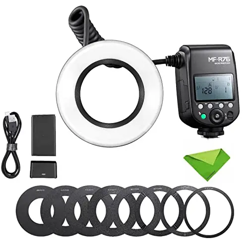 Godox MF-R76 Flash Anular Macro, Tubos De Flash Dual, Ajuste de Potencia 1/128 A 1/1, Batería De Litio Recargable, 10 Niveles de Relación De Potencia, Compatible con Canon Nikon Sony