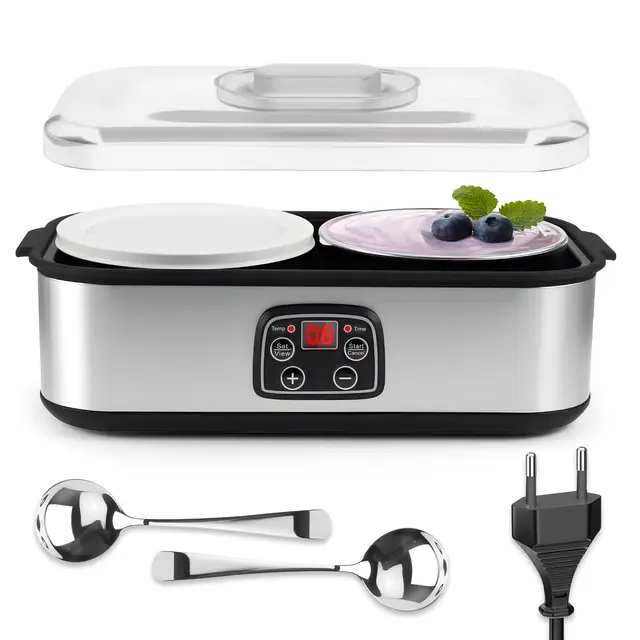 Máquina de Yogur 2L con 2 Tarros de Vidrio, Control Preciso 20-55°C, Temporizador Digital, Acero Inoxidable 304, Mermelada, Helado y Pudín (Yogur Máquina)