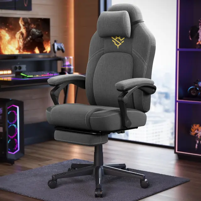 SONGMICS HOME Silla de Juegos, Silla Racing Ergonómica para Ordenador con Reposapiés, con Reposacabezas, Tela de Algodón y Lino, Altura Ajustable, Gris Paloma OBG072G01