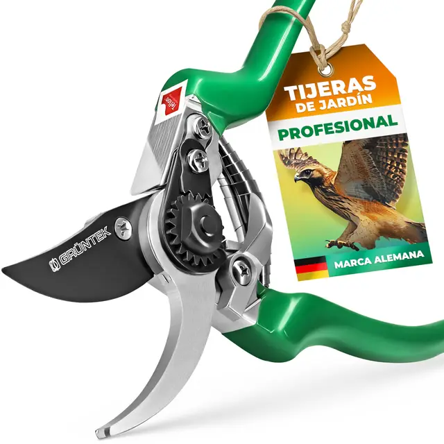 GRÜNTEK Tijeras de Podar de Mano para Jardinería Falcon 215 mm - Tijeras de Florista Calidad profesional. secateurs pruning scissors color Verde
