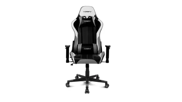 DRIFT GAMING DR175 - Silla Gaming Profesional, polipiel, reposabrazos ajustables 2D, pistón clase 4, giratoria, mecanismo de mariposa, cojín lumbar y cervical, color negro/blanco/gris