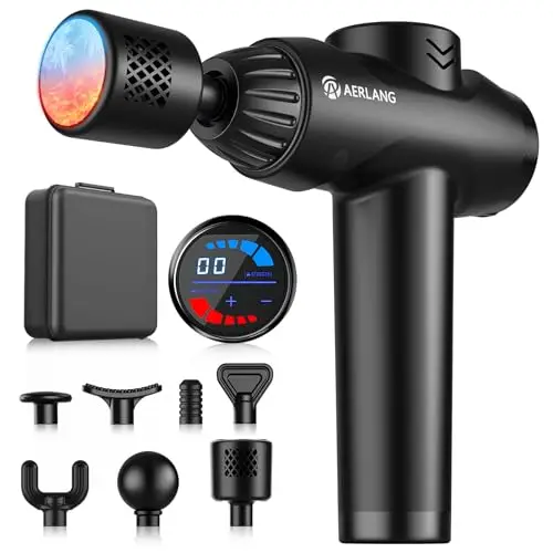 AERLANG Pistola de Masaje Muscular con Frío y Calor, Masajeador de Tejido Profundo para Cuello y Espalda, Masajeador de Percusión Muscular de Mano con 7 Cabezales, Regalo para Papá y Mamá