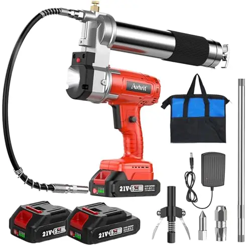 Engrasadora Bateria 10.000 PSI, 5 oz/min, Manos Libres, Pistola de Engrasar con 2 x 2000mAh Baterías, 39.4" Manguera Larga, 3 Diferentes Acopladores, para Engrasar Equipo Pesado