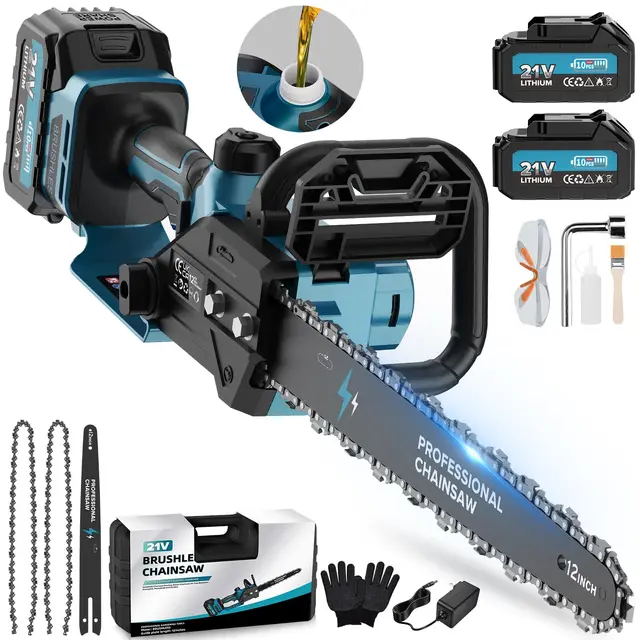 Motosierra a Batería de 12 Pulgadas, Motosierra Eléctrica Inalámbrica 2x4000mAh, Podadora Inalámbrica para Herramientas de Jardín, Corte de Madera, Bricolaje (1800W Brushless) - PowerCut X13