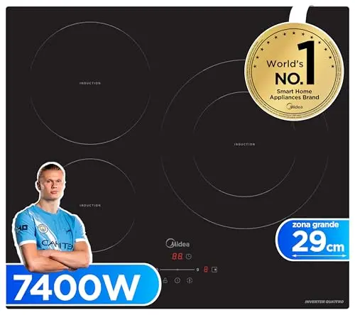 MIDEA Placa Inducción 3 fuegos 60 cm 7400 W - Vitroceramica Induccion Integrada con Panel de control tactil, Inverter quattro, 9 Niveles de Potencia, Booster, Indicador de Luz, y Temporizador