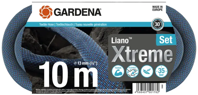 Gardena Liano Xtreme 1/2 pulgadas, set 10 m: Manguera de jardín ultra robusta de tejido, para grifos de agua interiores, manguera interna de PVC, ligera, resistente a la climatología (18460-20)