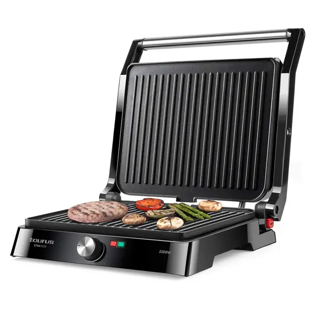 Taurus Etna Inox – Grill y plancha de asar 2 en 1 con apertura 180º | Superficie de 29x47,5 cm | Temperatura regulable | Placas antiadherentes sin PFOA | Recoge-grasas y asa fría