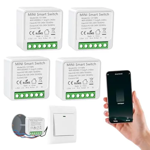 4PC Interruptor de Luz Inteligente WIFI, Alexa Interruptor Inteligente Módulo, Mini Smart Switch WIFI Compatible con Alexa,Tuya y Smart Life, Requiere Conductor Neutro