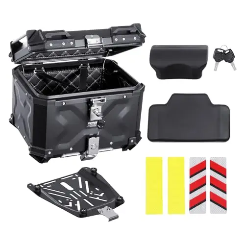 VEVOR Baúl para Motocicleta, Baúl Trasero Universal de Aleación de Aluminio con Forro de Cuero, 55 L, con Cerradura y Cojín Trasero, Apto para el 99% de los Cuadros de Motocicleta, 470 x 430 x 367 mm