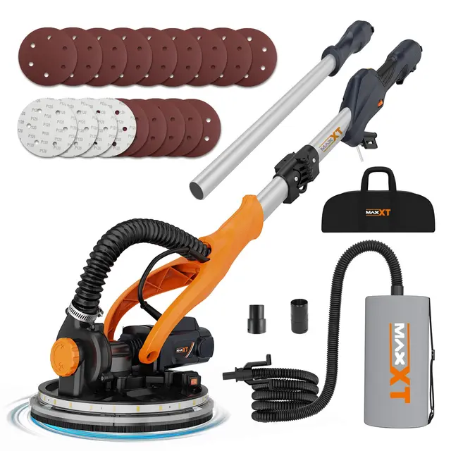 Lijadora Jirafa MAXXT 820W: plegable con tubo de extensión (110 cm/165 cm), velocidad ajustable (600-1900 rpm), LED, borde lateral desmontable, 6 tipos de papel de lija para paredes y techos