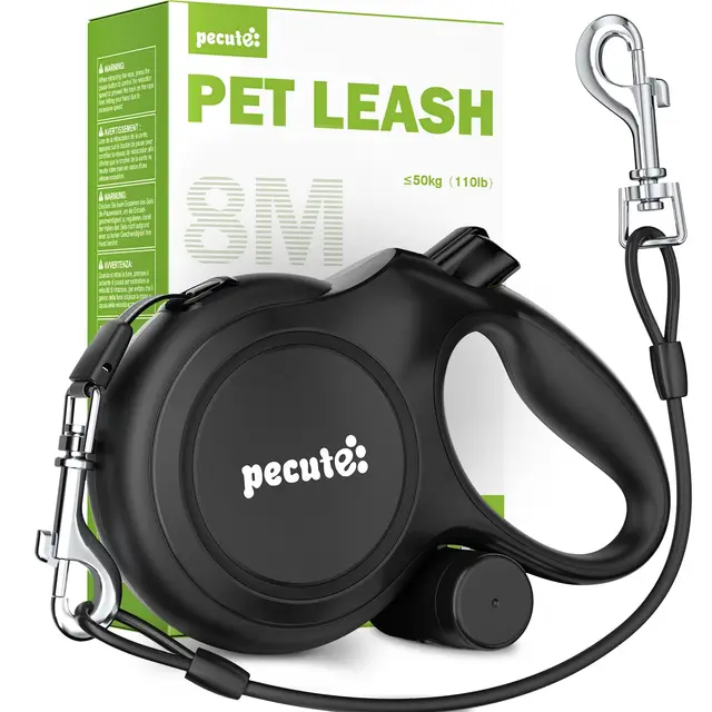 Pecute Correa Perro Extensible 8 Metros, Correa para 15-50 kg, con Cuerda Antimordida de 46cm, Bolsas Higiénicas y Portabolsa| 360° Antienredos| Paseo de Perros, Entrenamiento, días de Iluvia, Negro
