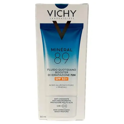 Vichy, Fluido diario potenciador de la hidratación, SPF50+ e hidratación 72H, Enriquecido con Ácido Hialurónico, Vitamina B3 y Escualeno, Para pieles secas, Minéral 89, 50 ml