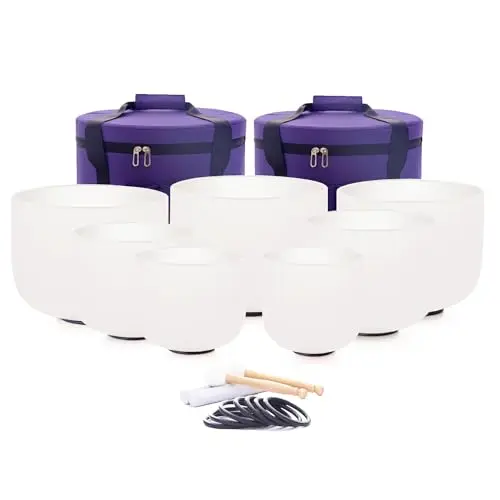 Hye-eun Juego de cuencos cantores de cristal, 432 Hz, 18-30 cm, con bolsa de transporte, 7 piezas, chakra de cuarzo esmerilado, cuenco cantor (17,8 – 30,5 cm)