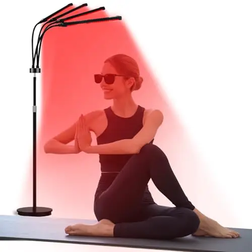Lámpara de luz roja de 4 cabezas con soporte, 180 LED, 660, 850 y 940, luz infrarroja cercana con temporizador de 10/20/30 minutos y 5 niveles de brillo ajustables para uso en casa y