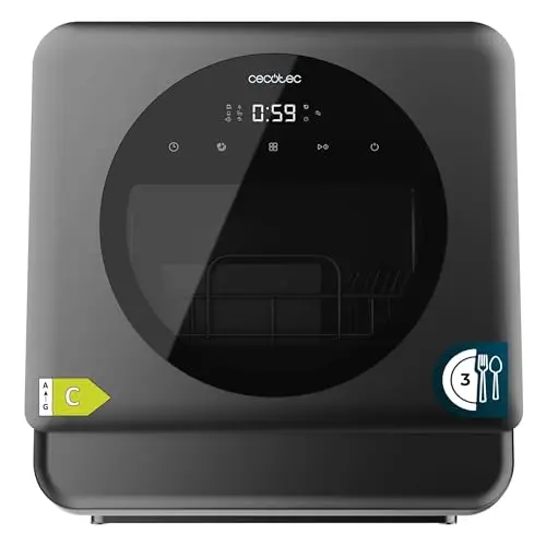 Cecotec Lavavajillas Compacto Libre Instalación Sobremesa Bolero Aguazero 1150 Dark. 3 Cubiertos, Bajo Consumo, 6 Programas, Touch Control Panel, Funciones como Long Storage y Delay Start, Dark Inox