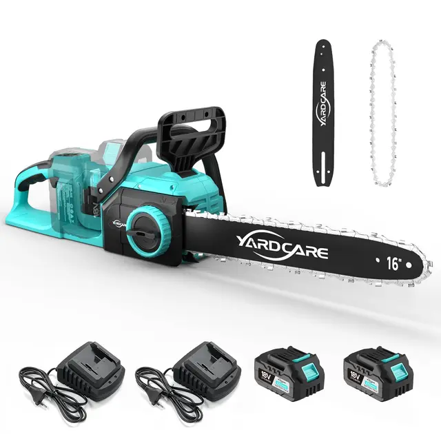 YARDCARE Motosierra a batería 16 pulgadas, motor sin escobillas 1600 W, velocidad de cadena 21 m/s, pantalla LED, 2× baterías de 4 Ah, tensado sin herramientas, para madera y jardín