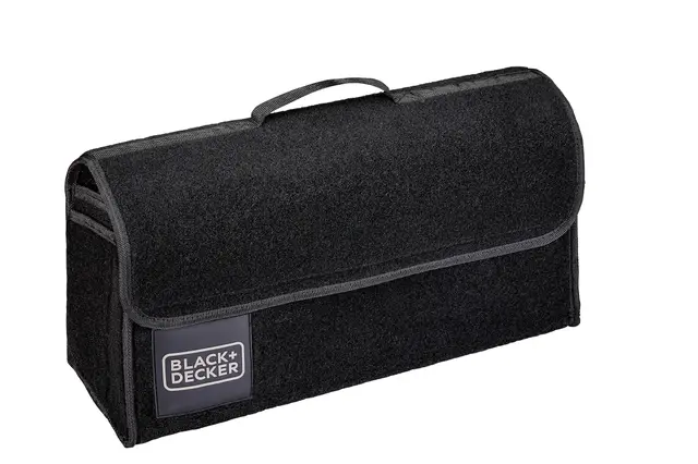 Black+Decker Organizador Maletero Coche - Organizador Coche 55 x 15 x 23 CM - Caja Plegable con 1 Compartimento Grande y 2 Bolsillos Deslizantes - Accesorios Coche y Compras - Con Velcro - Negro