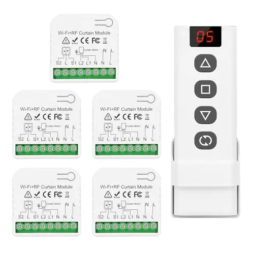 DieseRC Controlador de Persiana Enrollable Inteligente Inalámbrico de 5 piezas con 1 Mando a Distancia RF, Controlador WIFI Compatible con la Aplicación Google Home/Alexa y el Interruptor Manual