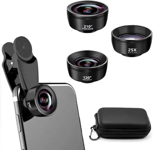 Mobile Phone Camera Lenses, 3 en 1 Lentes para móvils, 120° Gran Angular Lente, 25X Macro, 210° Ojo de pez, Objetivo para Todos los Smartphones