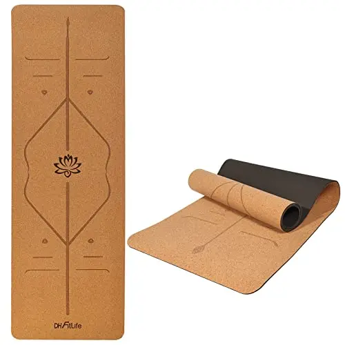DH FitLife Esterilla de Yoga de Corcho y TPE, Colchoneta de Gimnasia 183 x 61 x 0,6 cm, Esterilla de Deporte y Fitness Antideslizante, Yoga mat Gruesa con Líneas de Orientación
