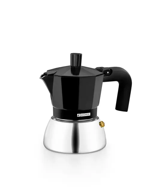 Monix Induction Inox | Cafetera Italiana de Aluminio y Acero Inoxidable, 3 tazas de capacidad, Mango termorresistente, Fácil de Lavar, Apta para todo tipo de Cocinas incluida Inducción, color negro